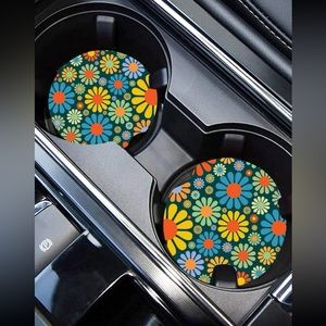 🌸 Awesome Colorful Floral Flower Set Of 2 Car Drink Holder Coasters 🌺